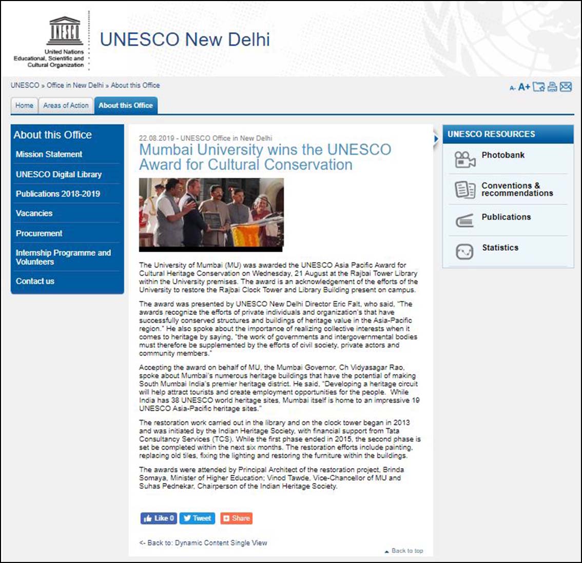 Mumbai University wins the UNESCO Award for Cultural Conservation